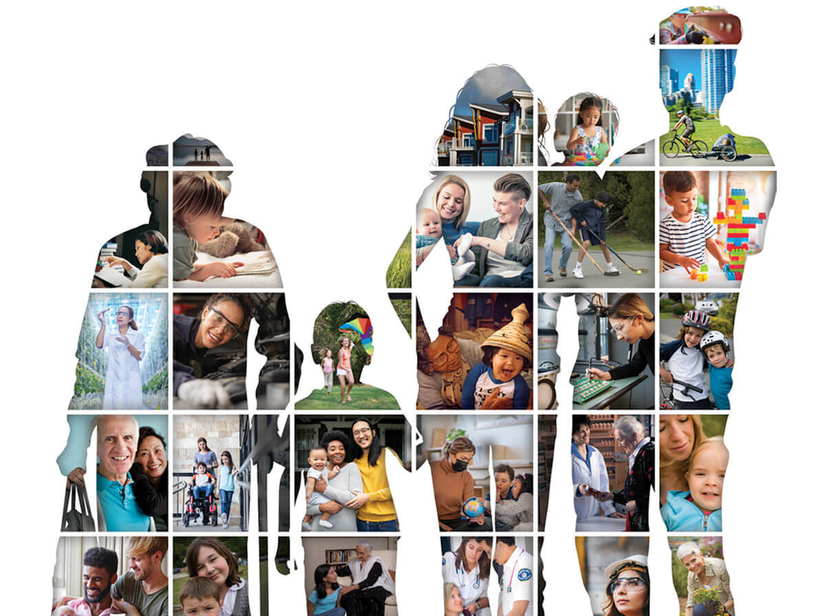 A mosaic of photos make the shape of people standing together of varying ages and demographics.