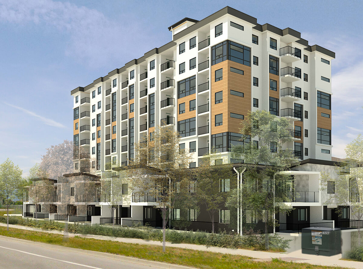 A digital 3D rendering of a modern apartment complex design.