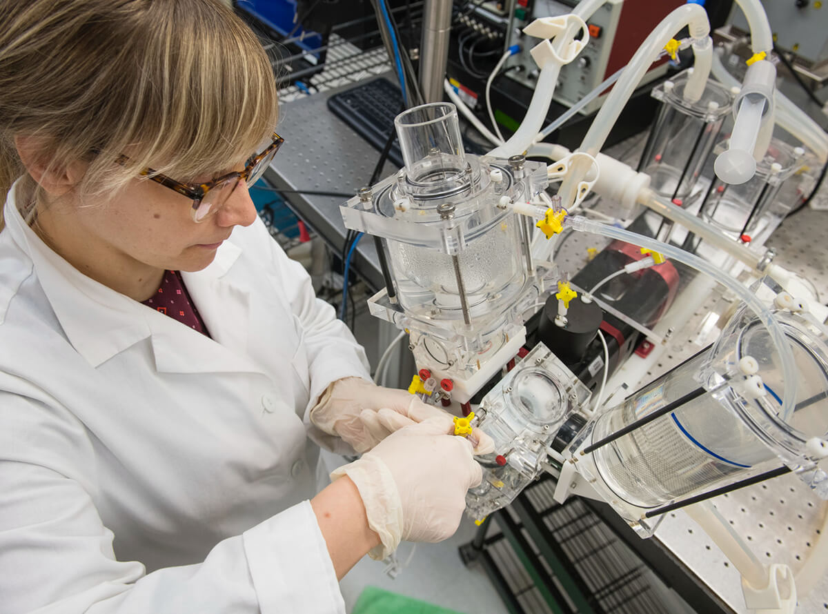 A scientist working in a lab with equipment.