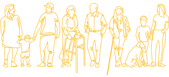 An abstract one-line style illustration of 8 people with varying characteristics.